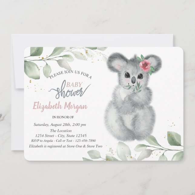 Invitation Baby shower Feuille de Cute Koala (Devant)