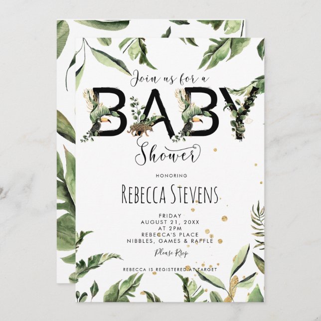 invitation baby shower feuille de la jungle tropic (Devant / Derrière)