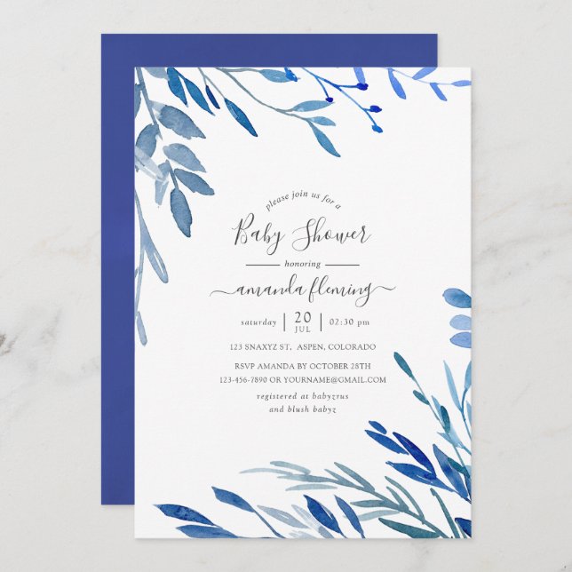 Invitation Baby shower Feuille de la marine d'aquarelle (Devant / Derrière)