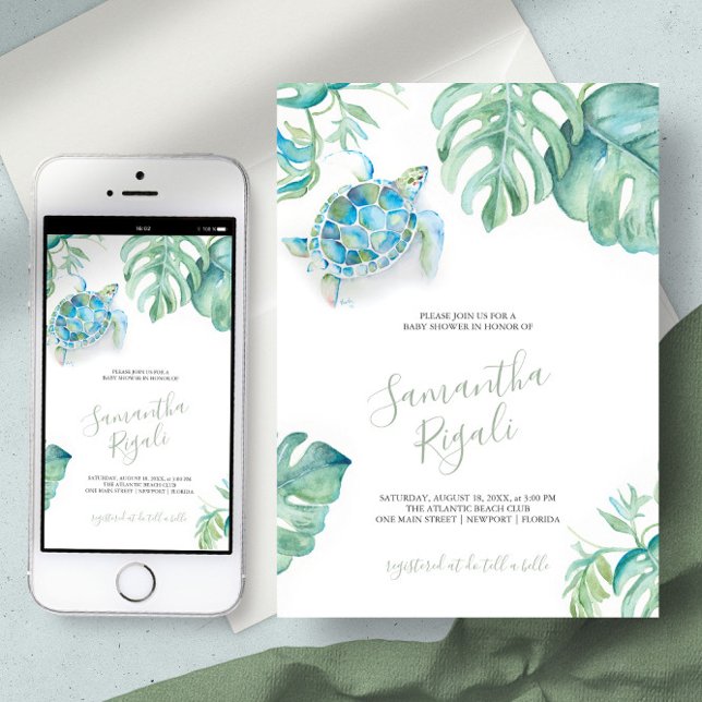 Invitation Baby shower Feuille de Monstera de tortue de mer t (Tropical baby shower invitation sea turtle virtual digital download art by Victoria Grigaliunas)