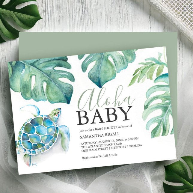 Invitation Baby shower Feuille de Monstera de tortue de mer t (Tropical baby shower theme watercolor sea turtle & palm leaf art Victoria Griglaiunas DoTellABelle)