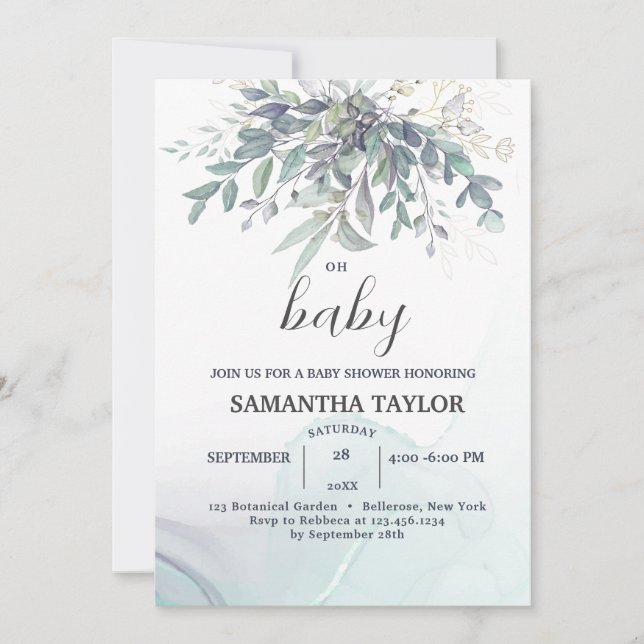 Invitation Baby shower Feuille d'Eucalyptus moderne (Devant)