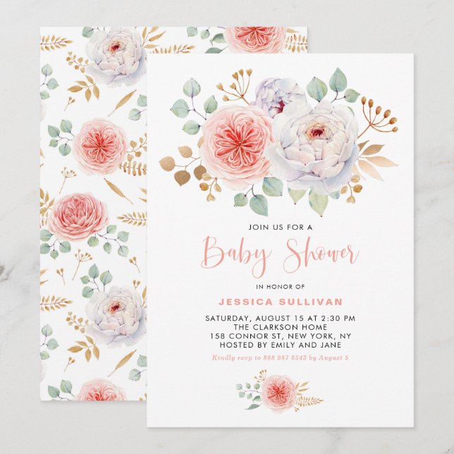 Invitation Baby shower Feuille d'or Peach Peonies d'aquarelle (Devant / Derrière)