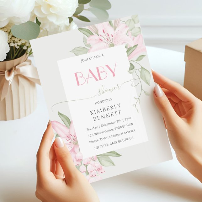 Invitation Baby shower Feuille moderne rose Lily (Créateur téléchargé)