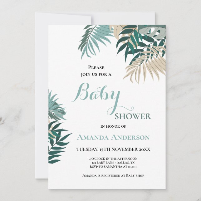 Invitation Baby shower feuille tropical (Devant)