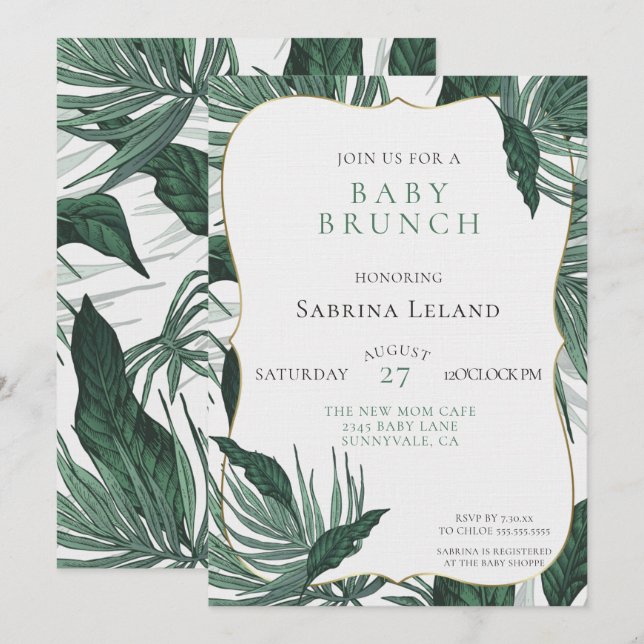 Invitation Baby shower Feuille tropical Brunch Green (Devant / Derrière)