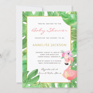 Invitation Baby shower feuille vert flamand rose tropical