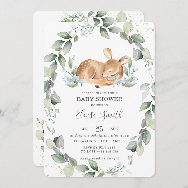 Invitation Baby shower feuillus de Woodland Deer (Devant / Derrière)
