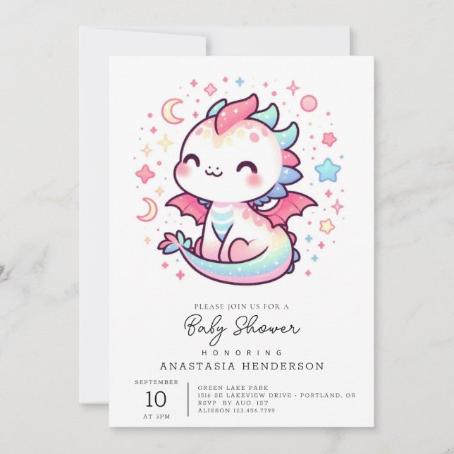 Invitation Baby shower Fiery Custom Pastel Dragon (Devant)