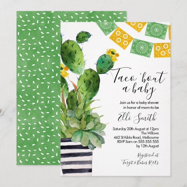 Invitation Baby shower Fiesta Cactus Taco (Devant / Derrière)