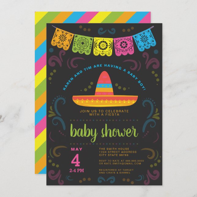 Invitation Baby shower Fiesta coloré conception de tableau no (Devant / Derrière)