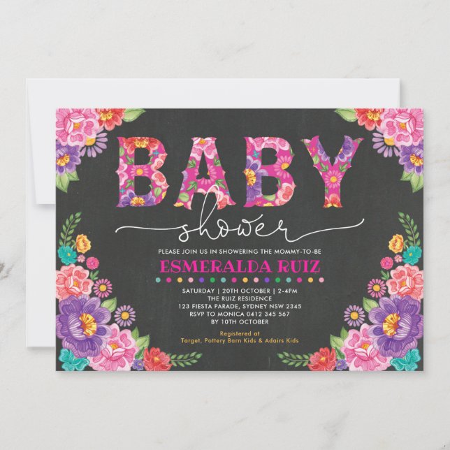Invitation Baby shower Fiesta | Tableau noir Floral Mexicain (Devant)