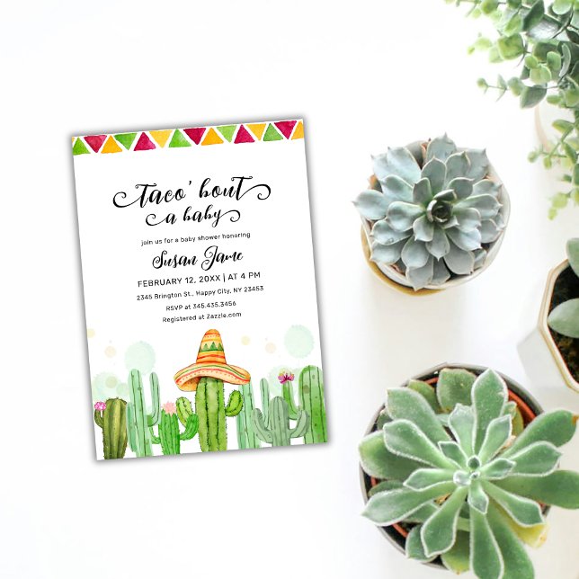 Invitation Baby shower Fiesta Taco Watercolor Cactus (Fiesta Taco Watercolor Cactus Baby Shower Invitation)