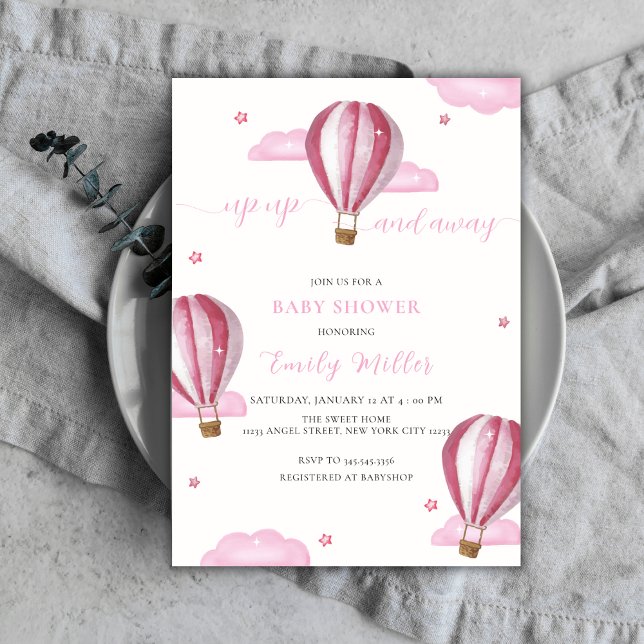 Invitation Baby shower Fille à Ballon Rose Elegant Hot Air (Pink Elegant Hot Air Balloon Girl Baby Shower Invitation)
