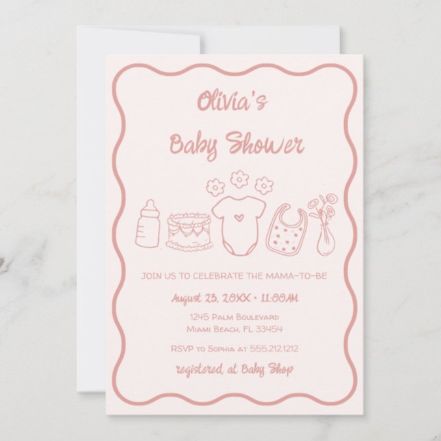 Invitation Baby shower Fille à cadre rose Quirky à la main ti (Devant)