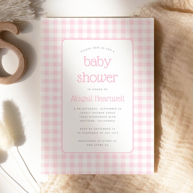 Invitation Baby Shower Fille à Carreaux Gingham Rose (Créateur téléchargé)
