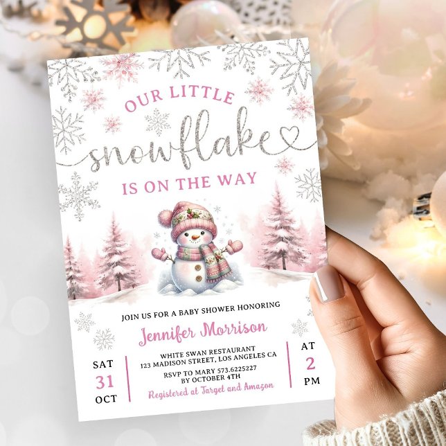 Invitation Baby shower Fille  à neige rose argent (Créateur téléchargé)