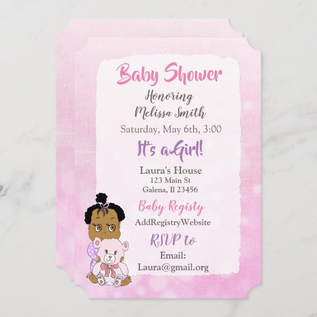 Invitation Baby Shower Fille Afro-Américaine (Devant / Derrière)