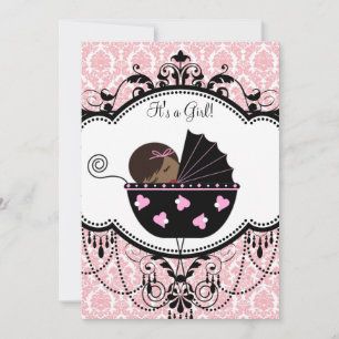 Invitation Baby Shower Fille Afro-Américaine Damassé Rose