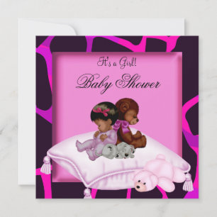 Invitation Baby Shower Fille Afro-Américaine Ours Rose Chaud