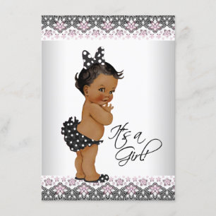 Invitation Baby Shower Fille Afro-Américaine Rose et Broderie
