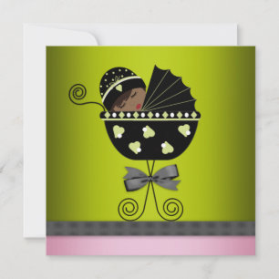 Invitation Baby Shower Fille Afro-Américaine Rose et Vert
