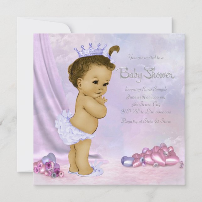 Invitation Baby Shower Fille Afro-Américaine Rose et Violette (Devant)