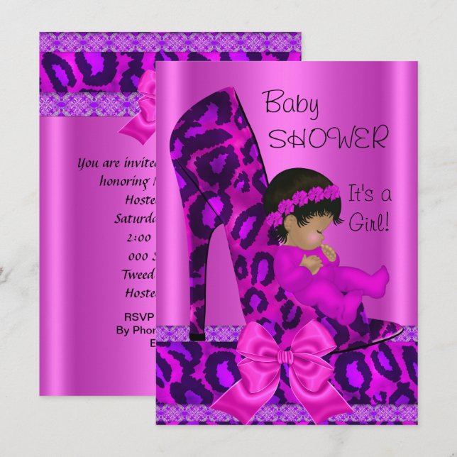 Invitation Baby Shower Fille Afro-Américaine Rose Léopard (Devant / Derrière)