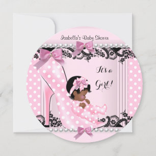 Invitation Baby Shower Fille Afro-Américaine Rose Points Polk