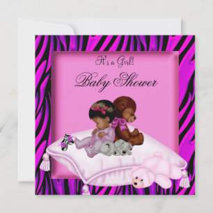 Invitation Baby Shower Fille Afro-Américaine Zèbre Rose Chaud