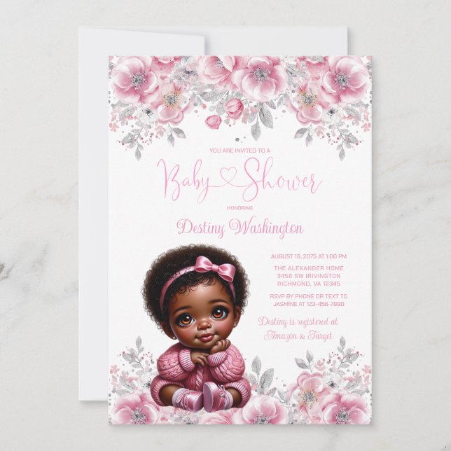 Invitation Baby Shower Fille Afro Tenue Rose et Ar (Devant)