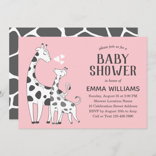 Invitation Baby shower fille animal rose mou moderne Giraffe  (Devant / Derrière)