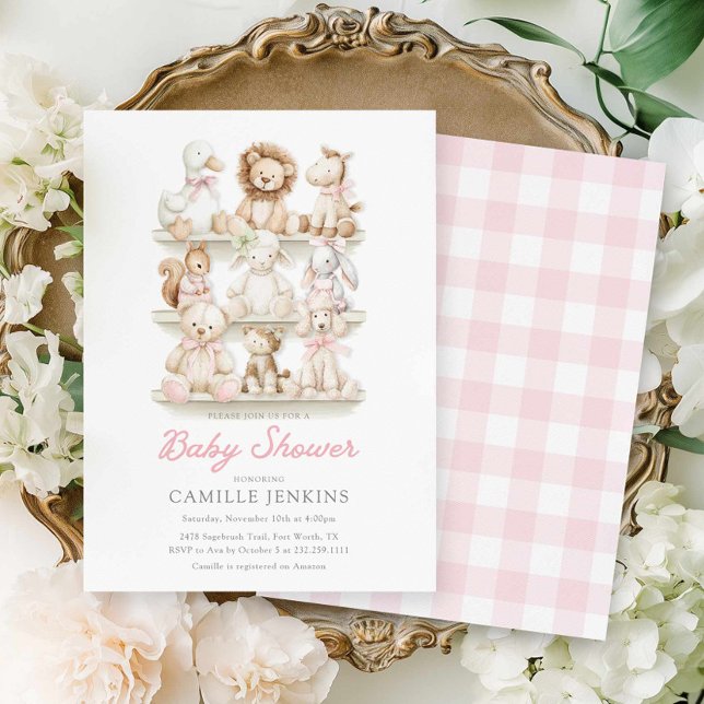 Invitation Baby Shower Fille Animaux Bébé Gingham  (Pink Gingham Baby Animals Baby Shower Invite)