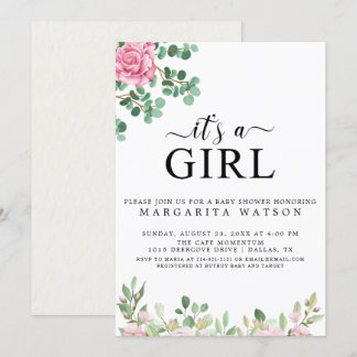 Invitation Baby shower Fille Aquarelle Rose Rose Cute