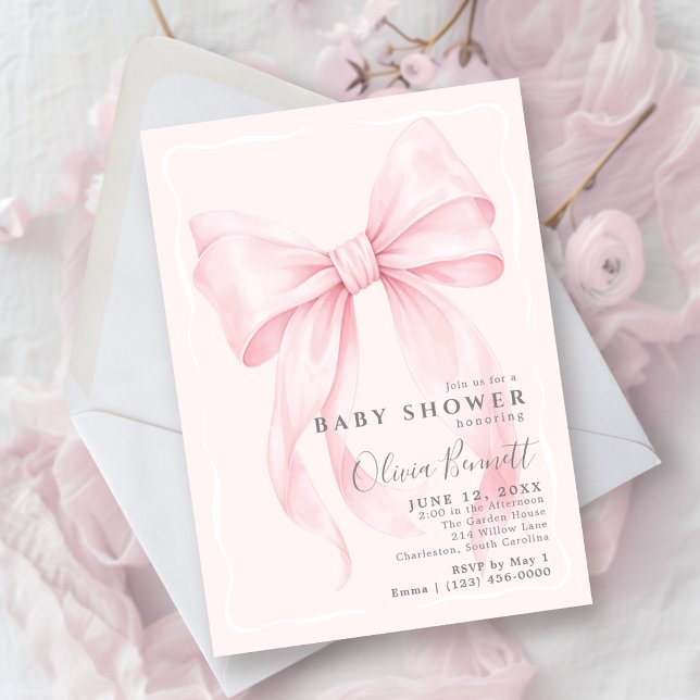 Invitation Baby Shower Fille Arc-en-Ciel Aquarelle Ruban Rose (Coquette Bow Theme Watercolor Design Baby Shower Invite
)