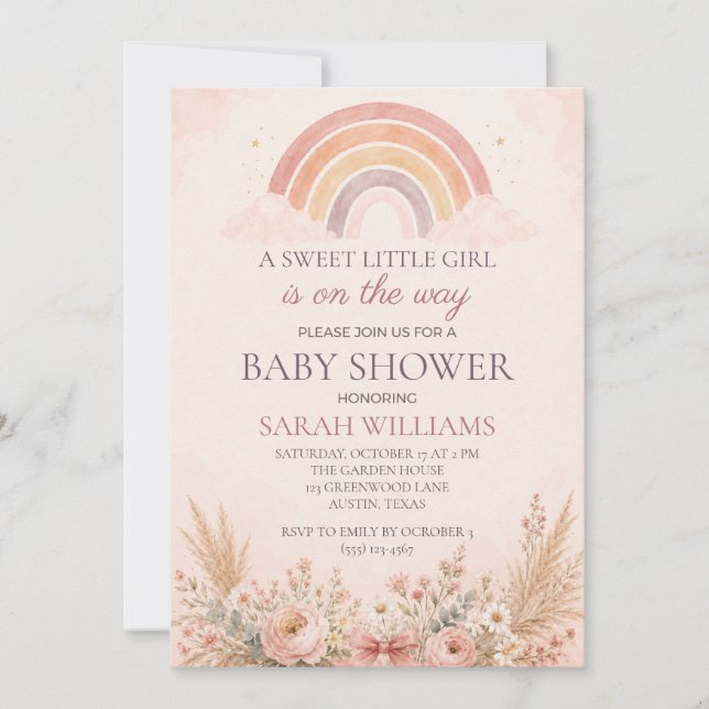 Invitation Baby Shower Fille Arc-en-Ciel Bohème (Devant)