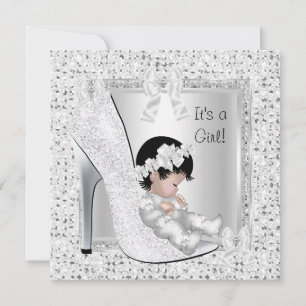 Invitation Baby Shower Fille Argent Blanc Pailleté Chaussure