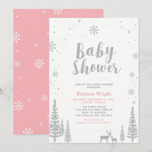 Invitation Baby shower fille argent et rose hiver Wonderland (Devant / Derrière)