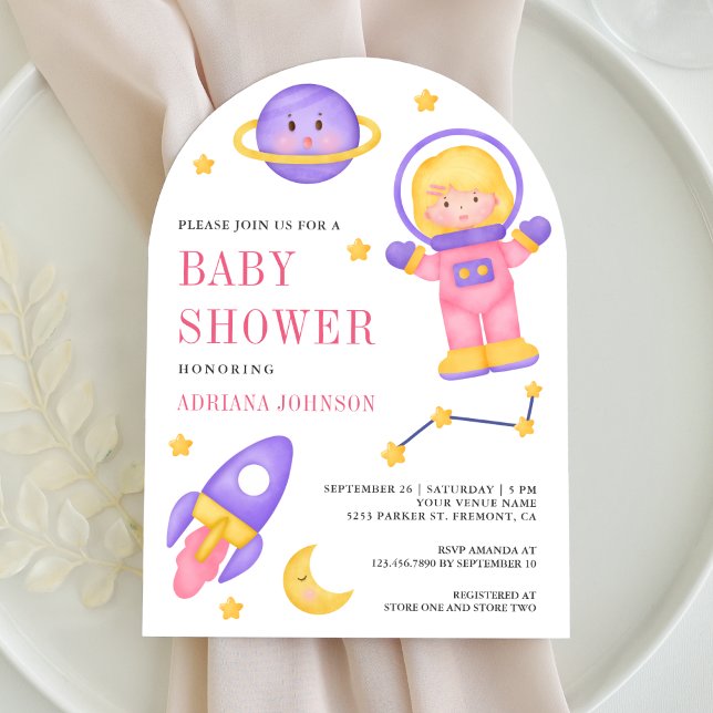 Invitation Baby Shower Fille Astronaute Rose Espace Extérieur (Créateur téléchargé)
