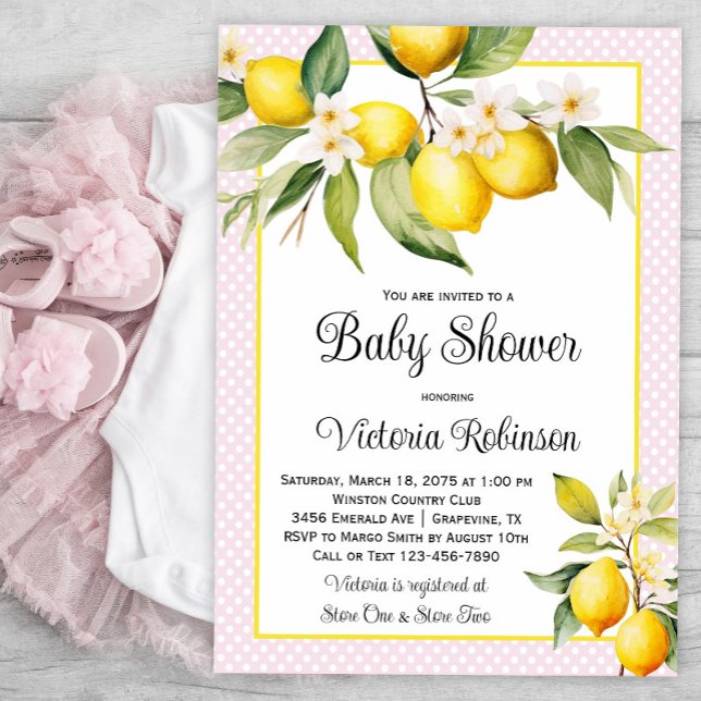 Invitation Baby Shower Fille au Citron (Girl lemon baby shower invitations with pretty lemons on a baby pink dot background.)
