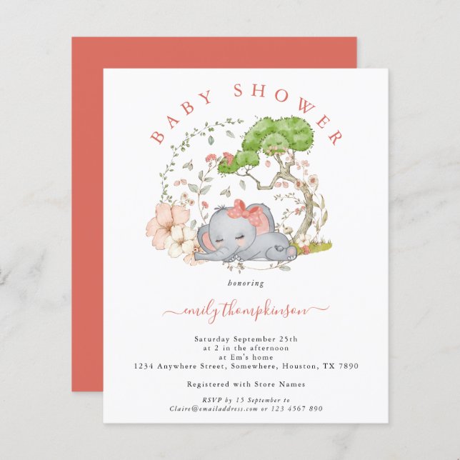 Invitation Baby Shower Fille au Corail Eléphant de (Devant / Derrière)