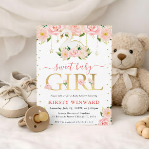 Invitation Baby Shower Fille au Cygne Floral Aquarelle