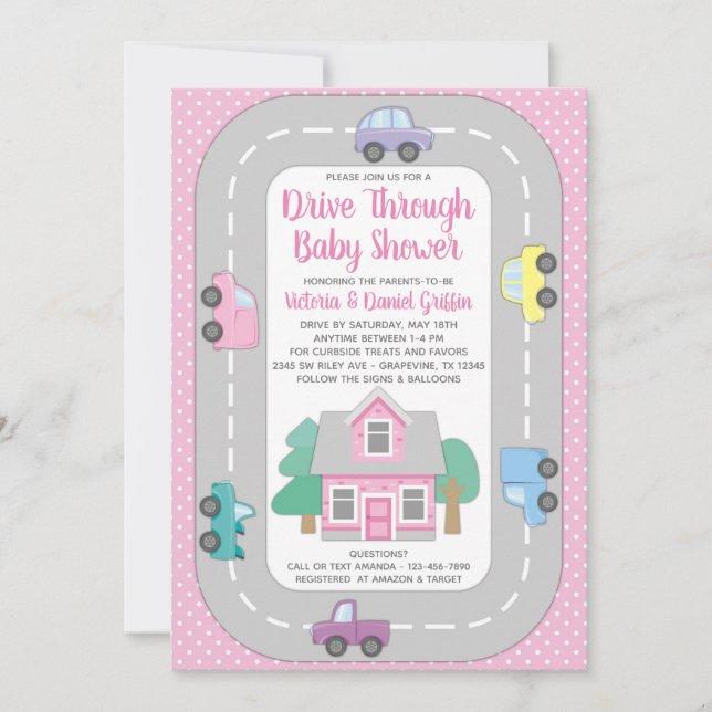 Invitation Baby Shower Fille au Drive Through (Devant)