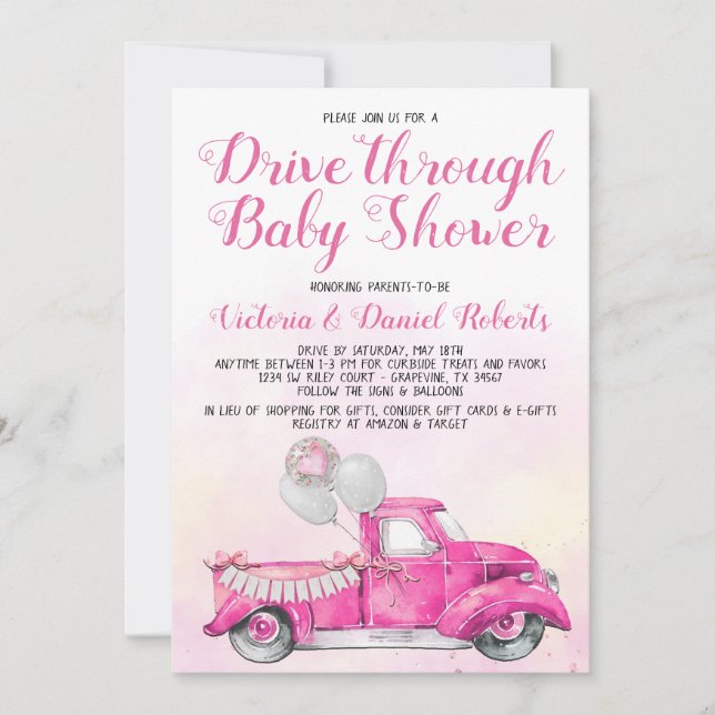 Invitation Baby Shower Fille au Drive Through (Devant)