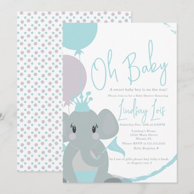 Invitation Baby Shower Fille au Éléphant Pastel Éc (Devant / Derrière)
