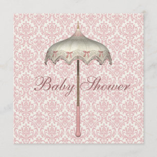 Invitation Baby Shower Fille au Parapluie Rose Vintage