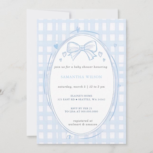 Invitation Baby-Shower Fille au Ruban Bleu (Devant)
