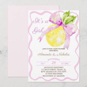 Invitation Baby Shower Fille au Ruban Rose Citron