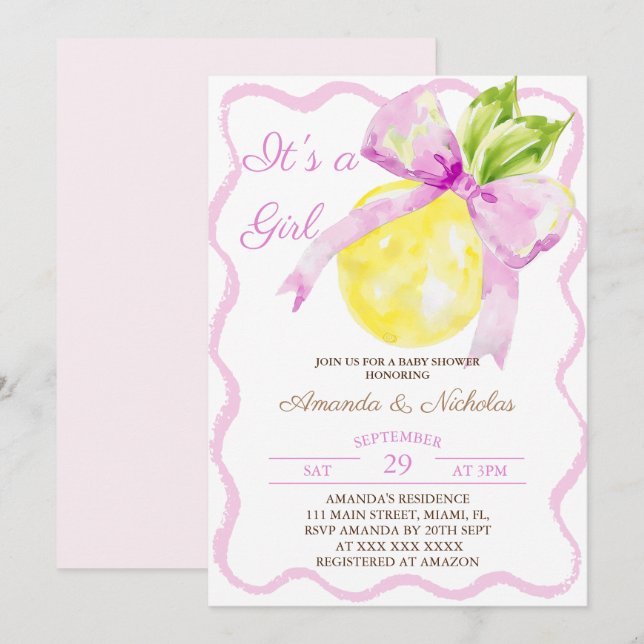 Invitation Baby Shower Fille au Ruban Rose Citron (Devant / Derrière)