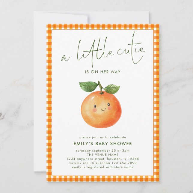 Invitation Baby Shower Fille au Vichy Orange Little Cutie  (Devant)
